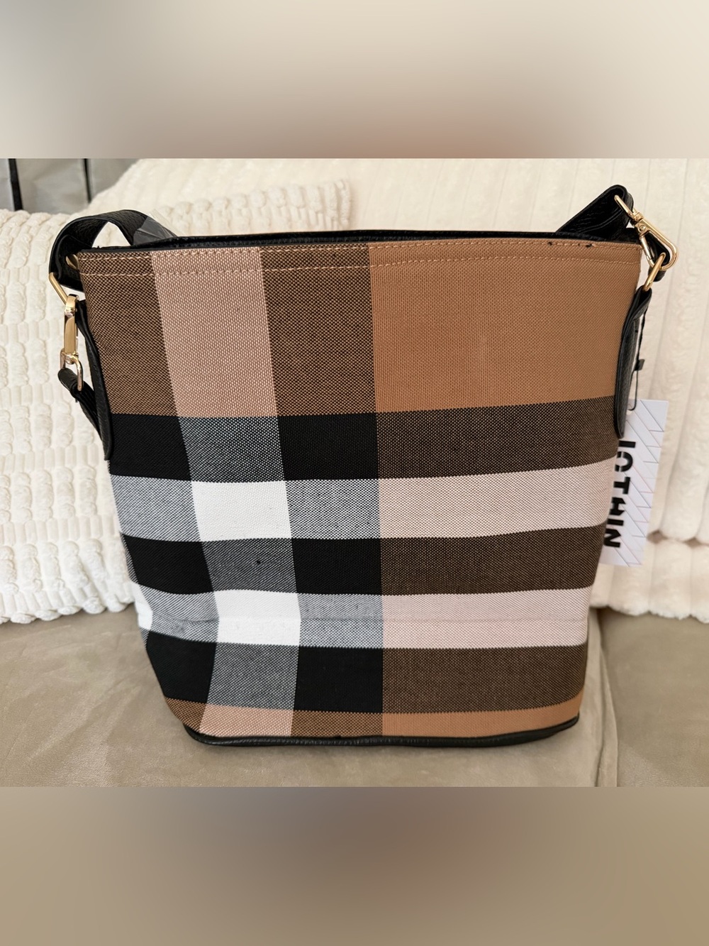 New Checkered Canvas Tote in Tan, Black & White